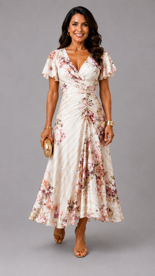 Alba | Robe Midi Portefeuille Froncée à Imprimé Floral
