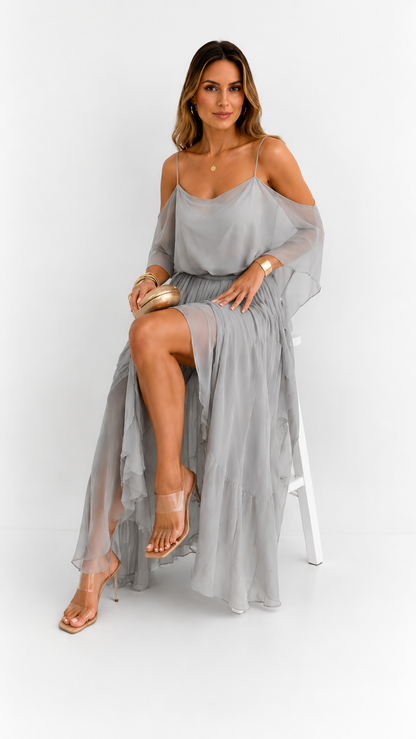 Isabela | Ensemble Gris Fluide avec Caraco et Pantalon Léger