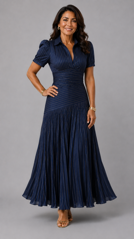 Adriana | Robe Midi Satinée à Rayures Rétro