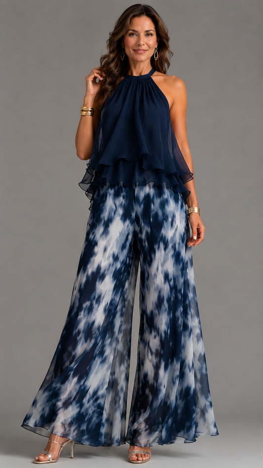 Ludovica | Ensemble Top Halter Bleu Marine et Pantalon Imprimé Jambe Large